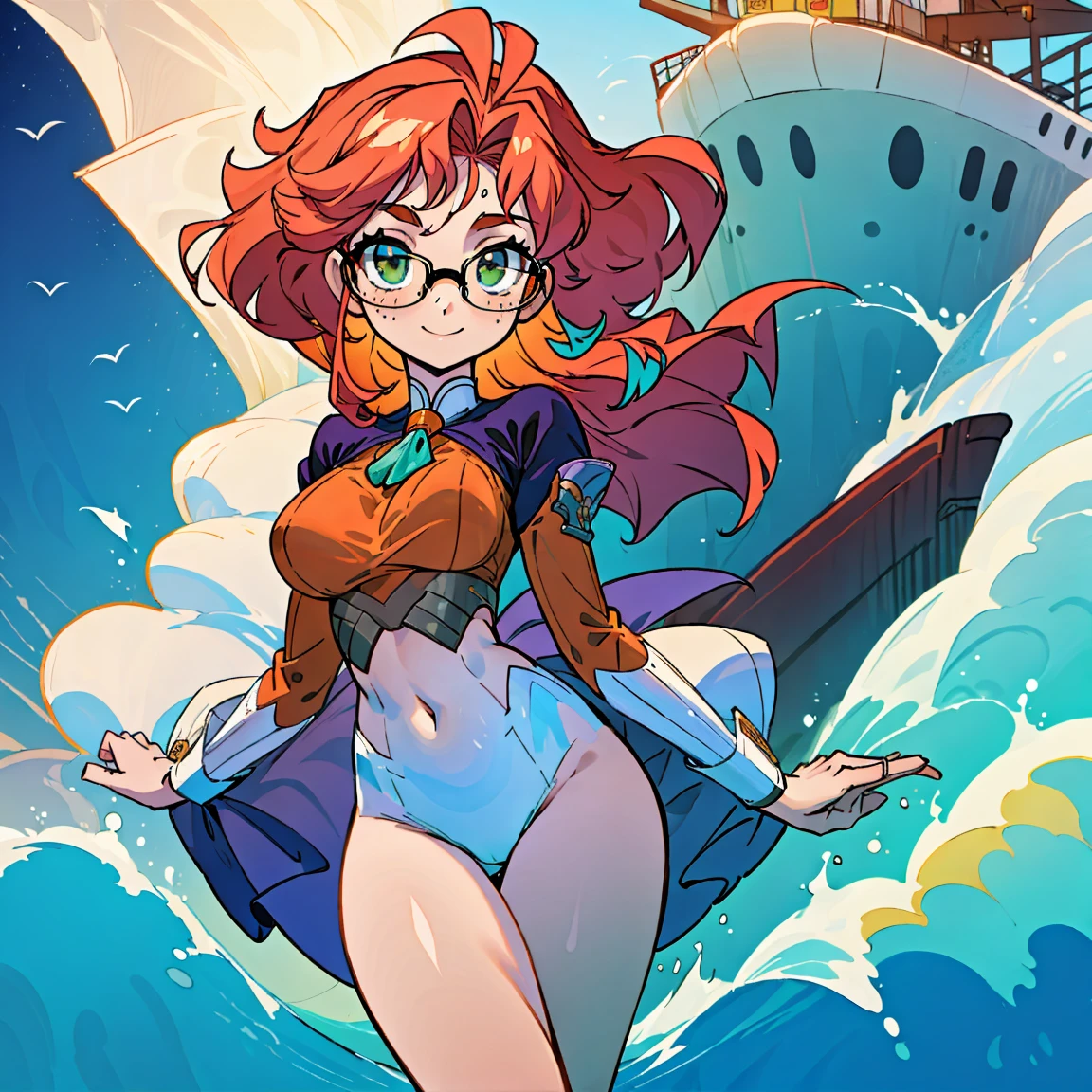 (masterpiece, best quality:1.2), cowboy shot, (solo), (1girl):1.5, glasses, long fluffy pink hair, hair blowing, gorgeous, slight smile, (elegant swimswit), navel exposed, large breasts, breasts niples, cameltoe, on a ship at windy sea.