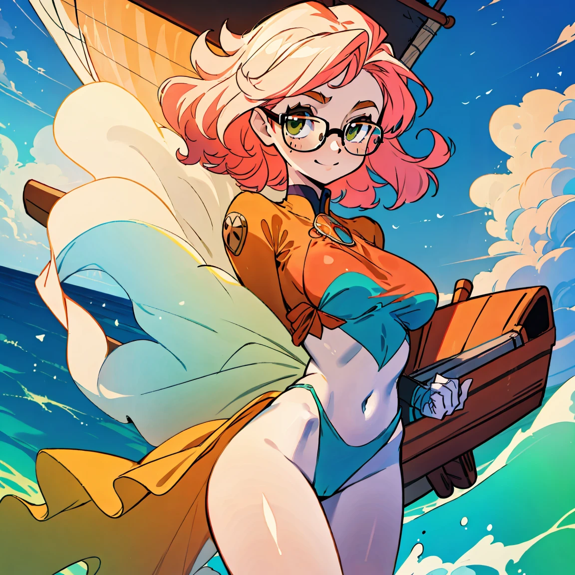 (masterpiece, best quality:1.2), cowboy shot, (solo), (1girl):1.5, glasses, long fluffy pink hair, hair blowing, gorgeous, slight smile, (elegant swimswit), navel exposed, large breasts, breasts niples, cameltoe, on a ship at windy sea.