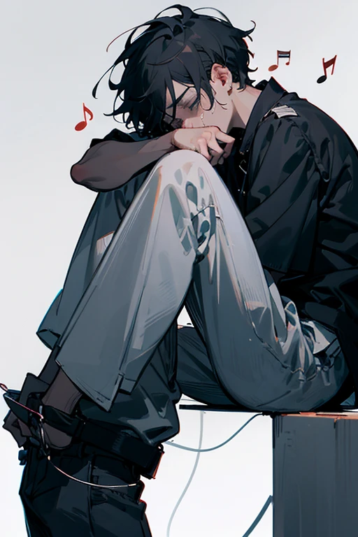a sad boy crying at listen a music, background is dark