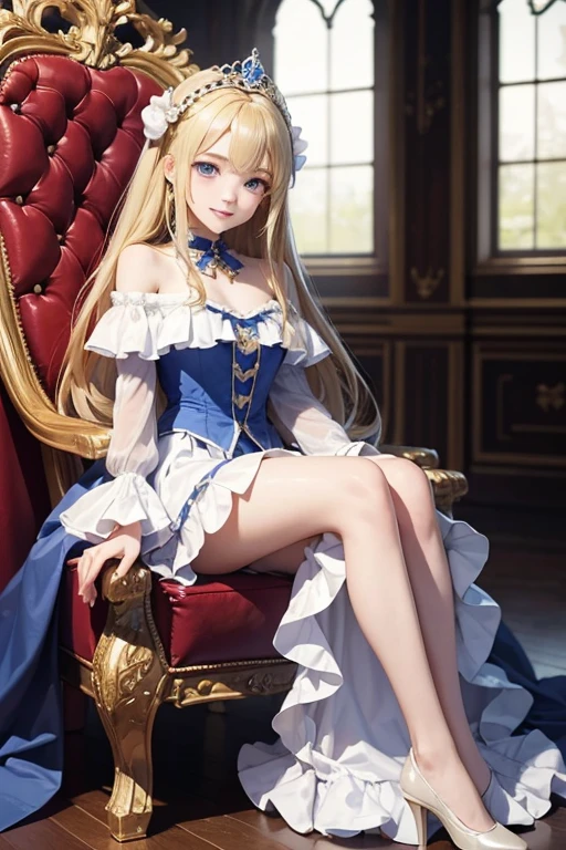 masterpiece, highest quality, High resolution, -yeld giblue eyes、
blonde,  Vulgar smile、Long Hair、Crimson frill dress, Clothes with puffy shoulders、flare skirt、Long skirt covering the legs、Tiara on head、royal palace、Sitting on the throne