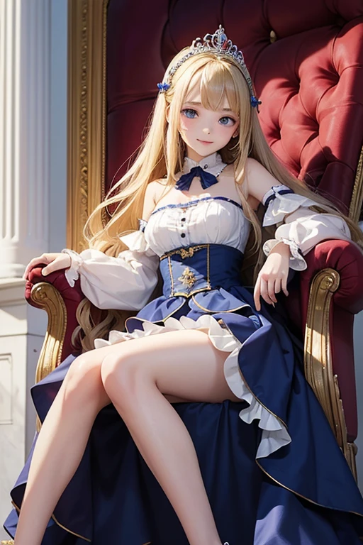 masterpiece, highest quality, High resolution, 15-year-old girl、blue eyes、
blonde,  Vulgar smile、Long Hair、Crimson frill dress, Clothes with puffy shoulders、flare skirt、Long skirt covering the legs、Tiara on head、royal palace、Sitting on the throne