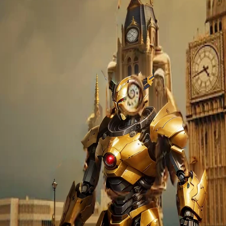 In front of the bell tower stands a golden giant mecha,Armor color plated