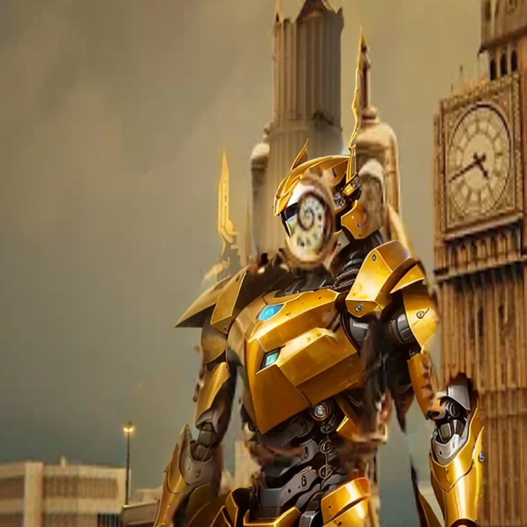 In front of the bell tower stands a golden giant mecha，Armor color plated