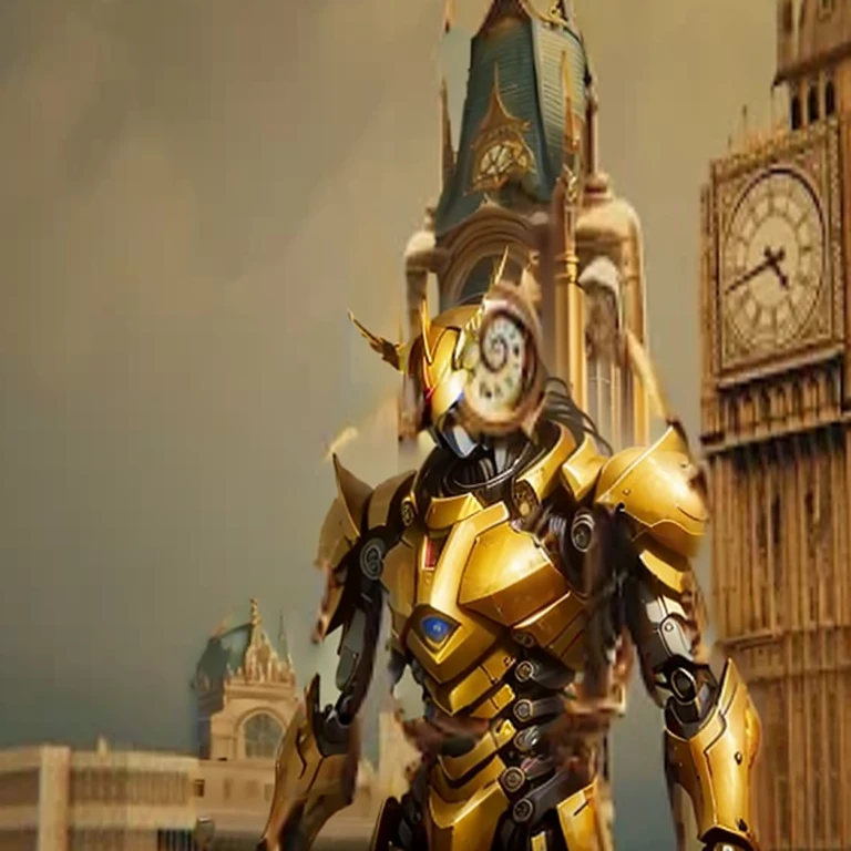 In front of the bell tower stands a golden giant mecha，Armor color plated