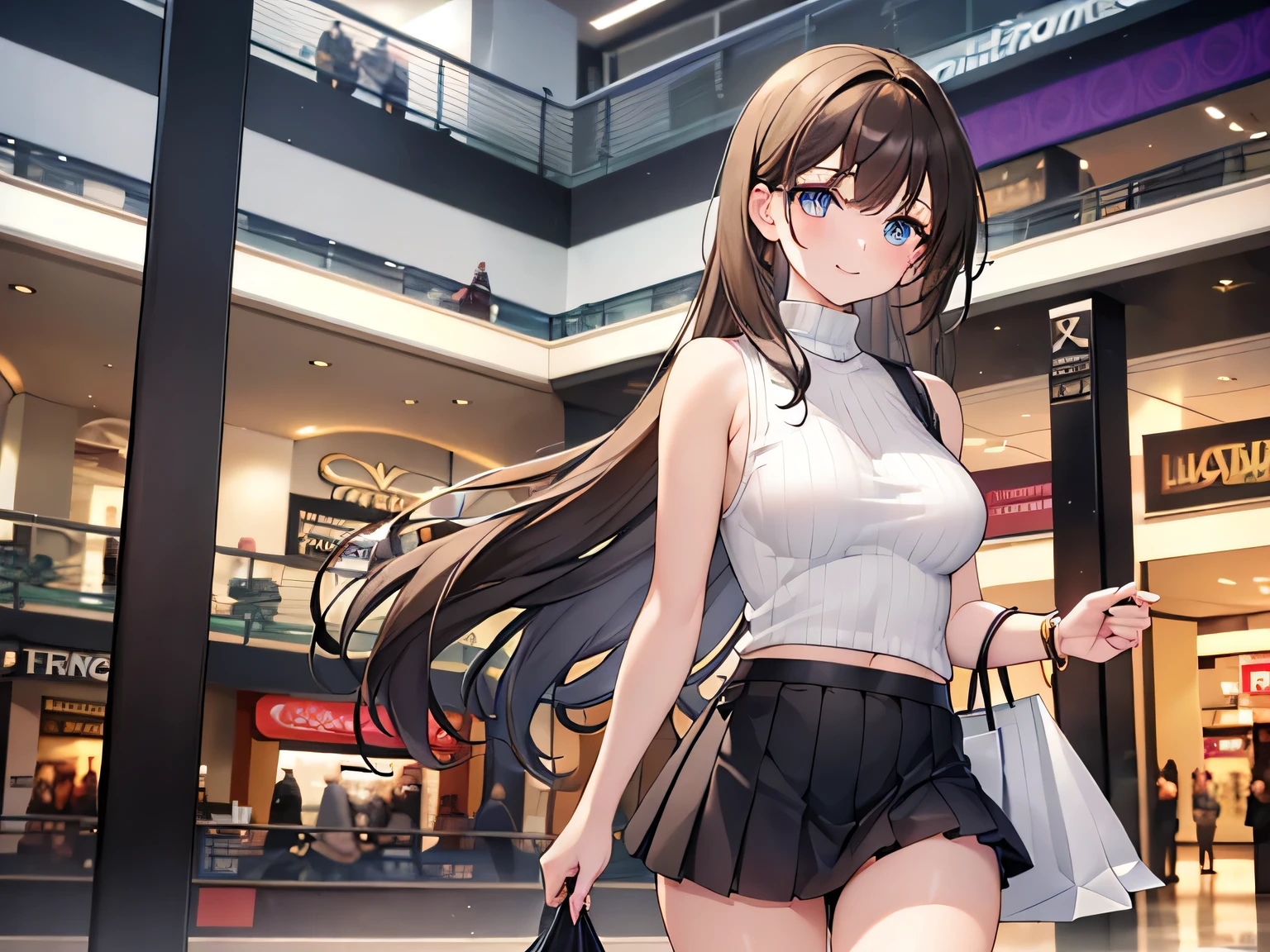 (Masterpiece, highest quality, high resolution, realistic photos, realistic looking skin:1.1),
(Woman leisurely shopping in mall:1.8),
(Woman walking: 1.8),
(provocative, smirking expression: 1.5),
(She is wearing a white sleeveless turtleneck knit: 1.5),
(She is wearing a gray pleated mini-skirt: 1.5),
(She is wearing black middle boots: 1.5),
(She has long brown hair: 1.5),
(Location: shopping mall:1.5),
1 Japanese girl, solo, full bodied esbian, beautiful eyes, glowing eyes, glowing thighs, NSFW