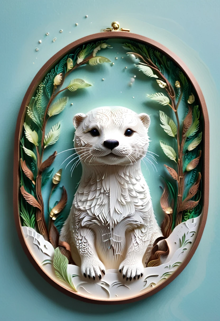 (paper art,layered paper art,Roll paper,Decoupage,Paper carving),Intricate details, Lifelike Otter,，Simple background,  (soft light, Bokeh)