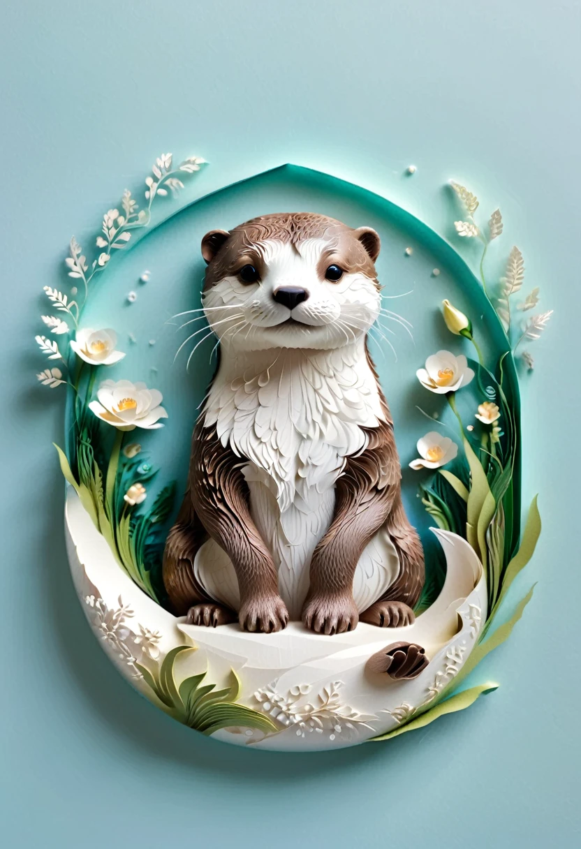 (paper art,layered paper art,Roll paper,Decoupage,Paper carving),Intricate details, Lifelike Otter,,Simple background, (soft light, Bokeh)
