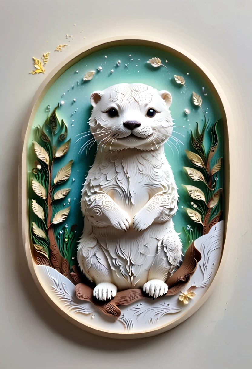 (paper art,layered paper art,Roll paper,Decoupage,Paper carving),Intricate details, Lifelike Otter,，Simple background,  (soft light, Bokeh)