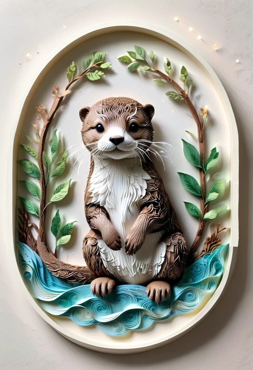 (paper art,layered paper art,Roll paper,Decoupage,Paper carving),Intricate details, Lifelike Otter,，Simple background,  (soft light, Bokeh)