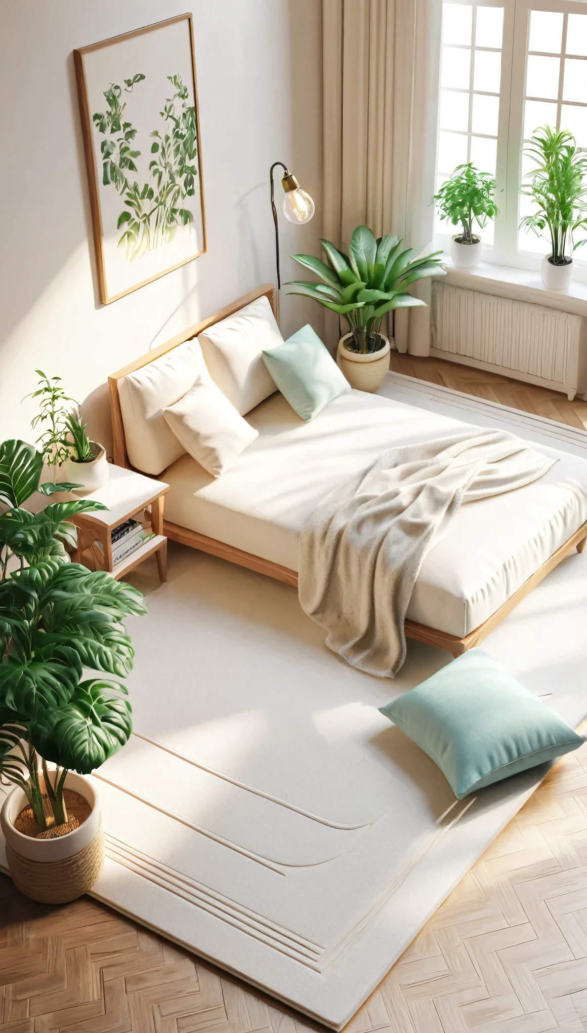 Extremely detailed dollhouse, cozy bedRoom, Cute 3d rendering, Fascinating lighting and shadows, White and mat, architecture学, furniture, indoors, architecture, living Room, Room, Area rugs, plant, Home Decoration, sofa, Chair, Interior design  