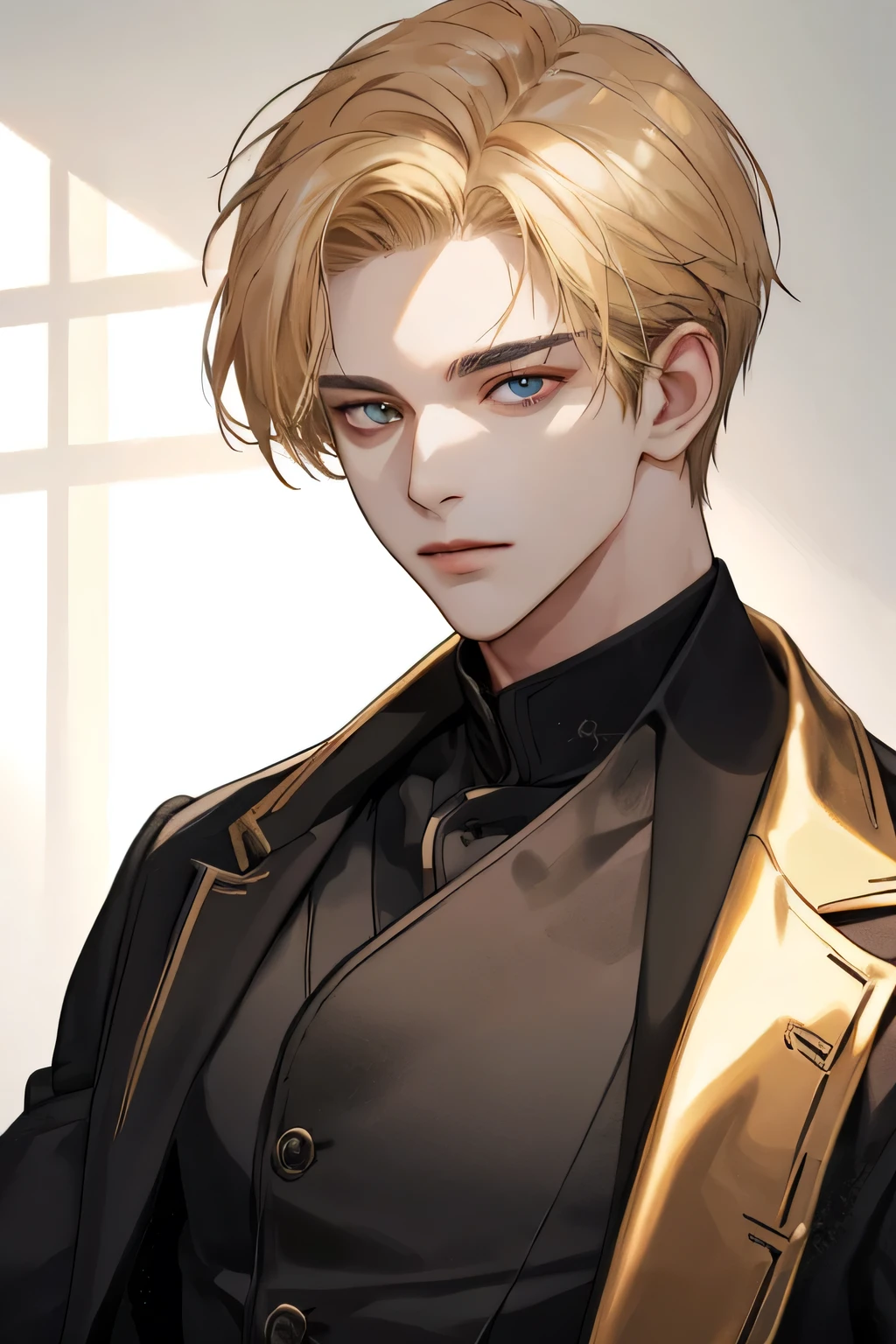 (tmasterpiece, high resolution, ultra - detailed:1.0), 1boy, Perfect male body, Eyes look at the camera, (short golden hair, forehead , Black shirt, black 3-piece-suit,closed mouth, color difference, Depth of field, dramatic shadow, Ray tracing, Best quality, Portrait,Extremely detailed CG, 8k wallpaper, carolina eyes, half body perfect, wearing black sweather