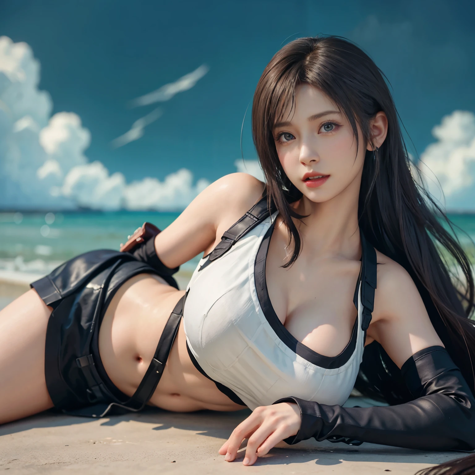 (Realistic: 1.4), 最high quality, Very delicate and beautiful, High resolution,masterpiece, 最high quality, 超High resolution, (Realistic:1.4), Detailed beautiful face, , One girl, Tifa_Lockhart, Final Fantasy VII Remake, Stunning European Women,Cowboy Shot, suspenders, Low rise, Black mini skirt, Black border white tank top, Tense shirt, Black Hair, Long Hair, Sexy Body,Beautiful breasts, Very beautiful and shining eyes,Beautiful feet, So cute, Close-upポトレイト, 柔らかい肌のPerfect Faceを持つ素敵な, Perfect Face, (((Huge breasts))),Tight waist,Chainetter、thigh、In the dungeon,Complete diagram, Shapely hips, 8k resolution,Surreal,Ultra-detailed,high quality, (Huge teardrop chest, Huge breastsの谷間:1.2)， Giant tit， Close-up,A broad perspective
