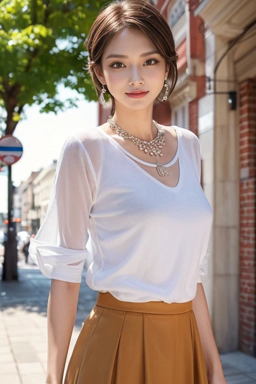 highest quality, Very detailed, masterpiece, 1 person,woman,(((完璧なwomanの体))),Very beautiful face, Very beautiful body,Gentle expression, Very beautiful eyes,(Perfect Makeup:1.1),Fashion Model,Short Bob Hair,Shaggy Hair,Hair Bun,Chestnut Hair:1.3, Very thin body,Smart Abs,blouse,Cotton Long Skirt,necklace,anklet,Elegant pumps,A kind smile,Upper body portrait,(Shopping street background:1.3), (Shiny skin),(Earrings),