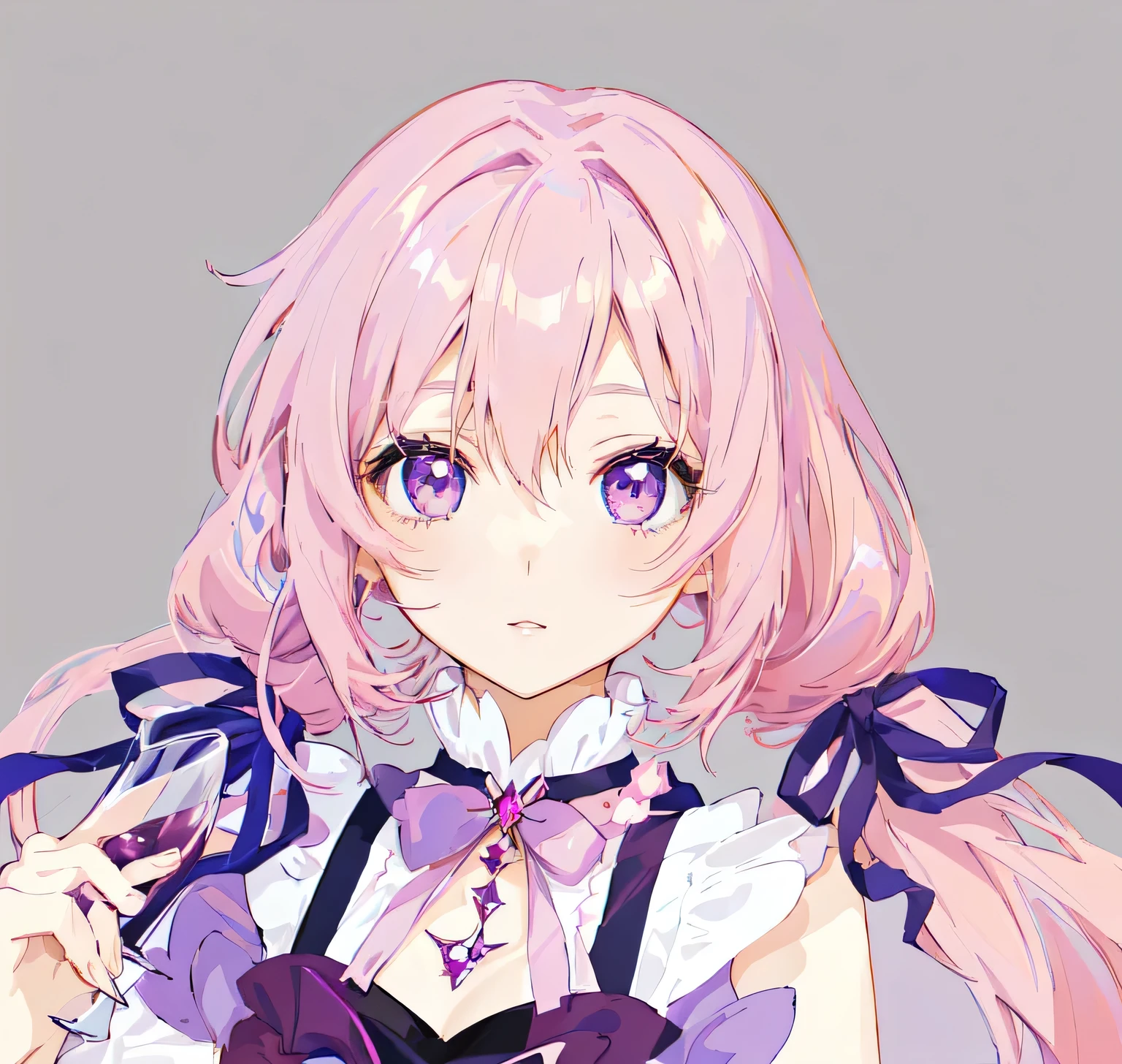 anime girl with pink hair and purple eyes holding a glass of wine, anime moe artstyle, portrait of magical girl, soft anime illustration, anime stylized, , made with anime painter studio, pink twintail hair and cyan eyes, anime style portrait, stylized anime, anime artstyle, anime style. 8k, flat anime style shading