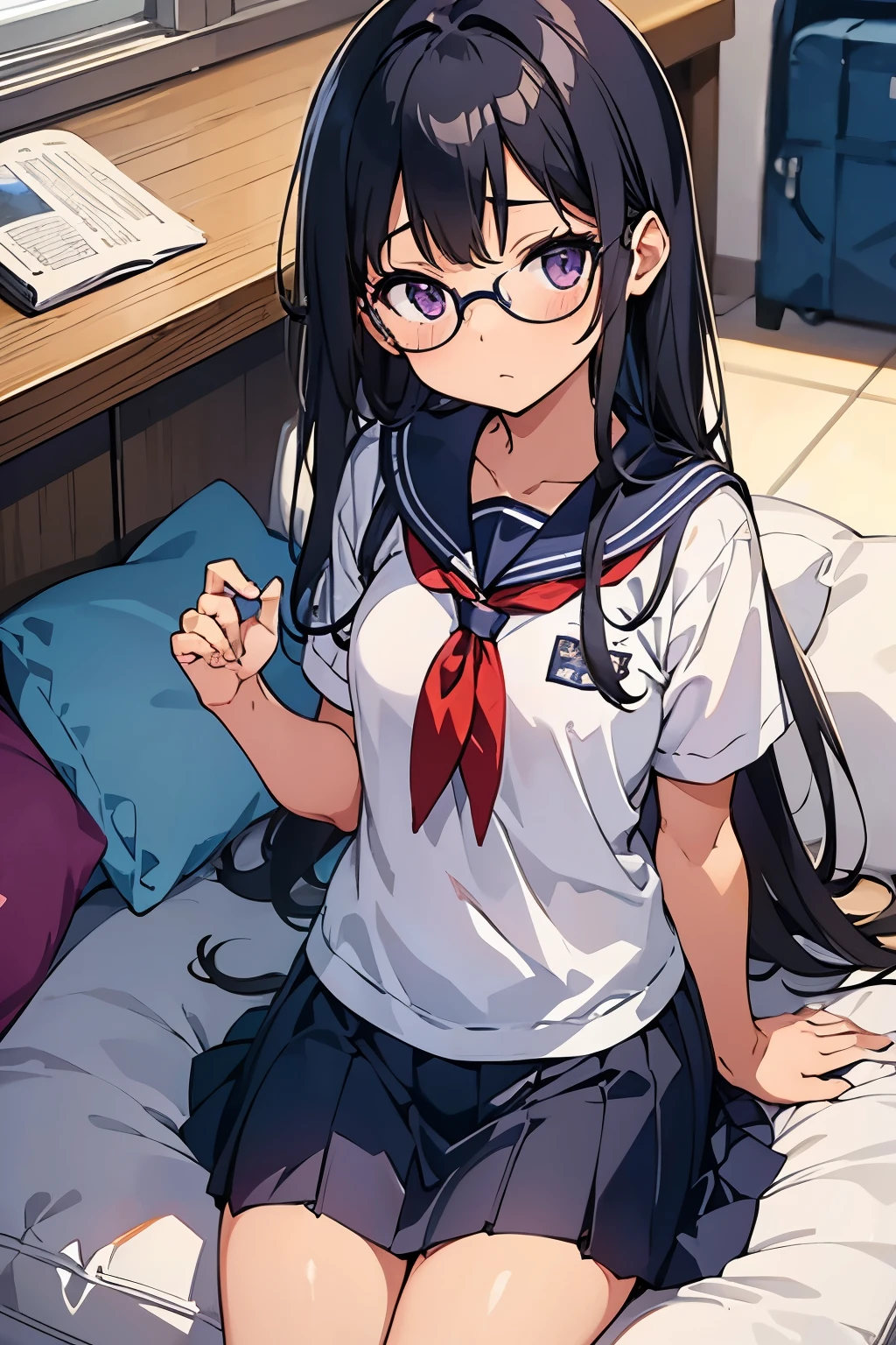 -year-old　Flat Chest　Blacir　LoHair　Purple eyes　1 person　Glasses　Short-sleeved sailor suit　Navy blue mini skirt　White panties　White socks　sneakers　School Library　Sitting on the sofa　Dynamic Angle　Low Angle