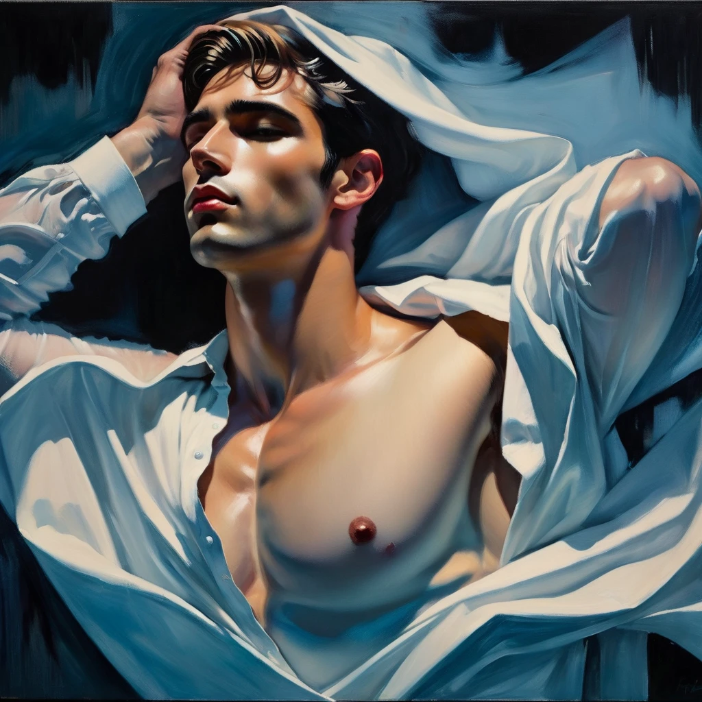 chiaroscuro technique on sensual illustration of an arafed man in white underwear, sexy masculine, diego fazio, male model, by Ludovit Fulla, model with attractive body, inspired by Ludovit Fulla, mid-shot of a hunky, the model draped in flowing, thick oil painting by Harumi Hironaka, extremely soft colors, vibrant, highly detailed, malcolm liepke painting, oil on canvas, high contrast, dramatic, refined, tonal, Create high contrast between light and shadow