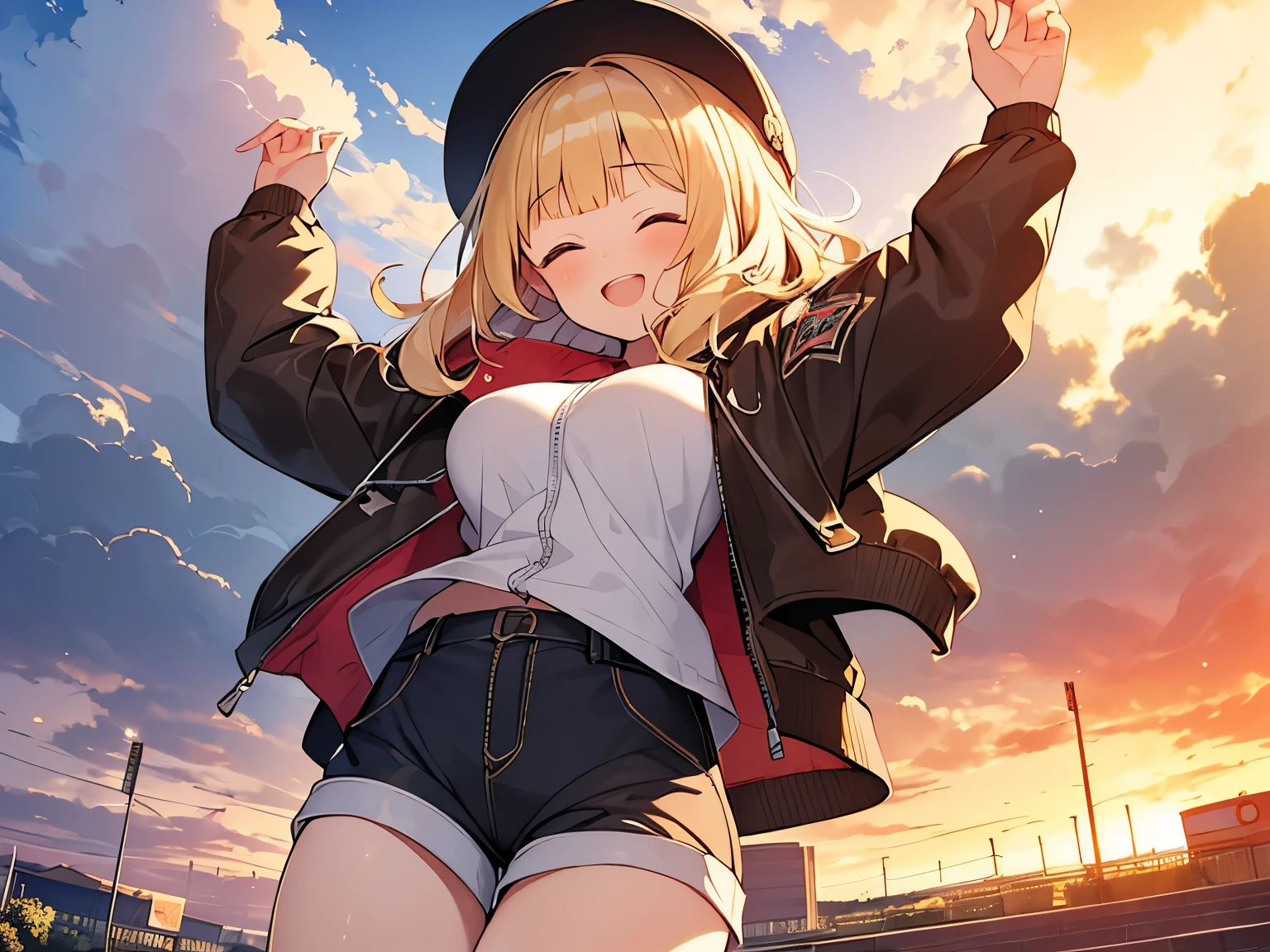 Masterpiece, Top quality, 1 beautiful girl, Blonde, medium Hair, wavy Hair, blunt bangs, silky hair, 16 year old, standard weight, (big breasts :1.1), (cool jacket, Shorts :1.3), (happy :1.4), blush, closed eyes, open mouth, beautiful scene of theme park, blurry background, magnificent panorama view, sunset, (jumping:1.4), from below
