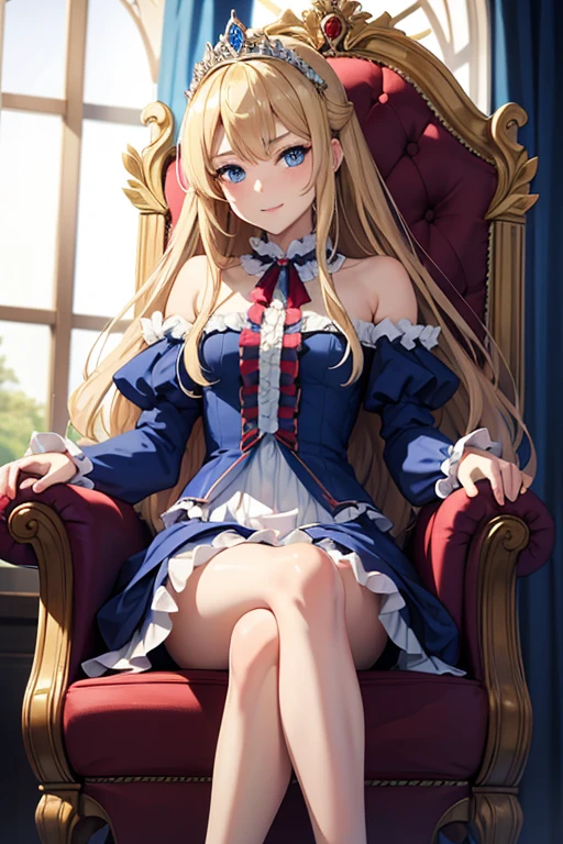 masterpiece, highest quality, High resolution, 15-year-old girl、blue eyes、
blonde,  Vulgar smile、Long Hair、Crimson frill dress, Clothes with puffy shoulders、flare skirt、Long skirt covering the legs、Tiara on head、royal palace、Sitting on the throne