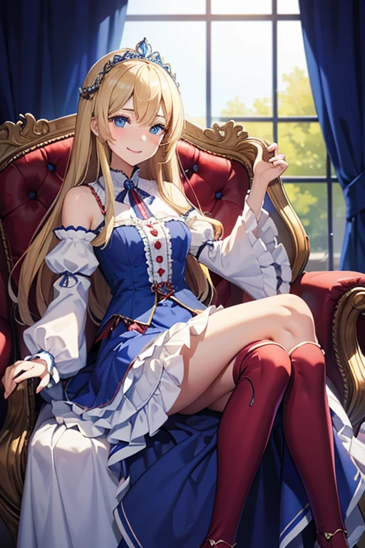 masterpiece, highest quality, High resolution, -yeld giblue eyes、
blonde,  Vulgar smile、Long Hair、Crimson frill dress, Clothes with puffy shoulders、flare skirt、Long skirt covering the legs、Tiara on head、royal palace、Sitting on the throne