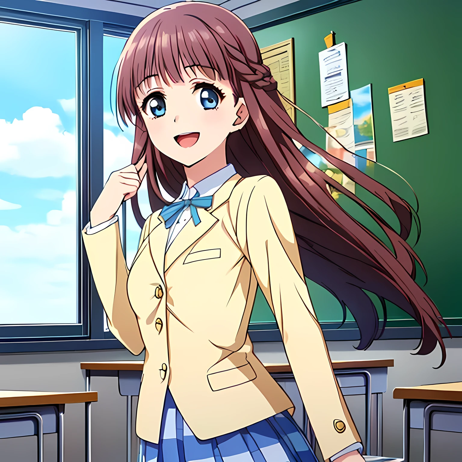 highest quality, (masterpiece:1.2), Very detailed, Game CG, (((Very beautiful girl in school uniform1A fashion model is looking at the camera and asking the viewer))), ((The girl everyone loves)), (((Brown and very shiny short bob hair))), ((Navy blue blazer)), ((Navy blue pleated long skirt)), ((((Very beautiful and shining eyes)))), ((Very long eyelashes)), A large crimson ribbon on the chest, ((An elegant expression like a noble princess)), (((A beautiful and enchanting smile))), Small face and great posture, ((Heavenly happiness)), (((The background is a school classroom with the wind blowing))), ((Very intelligent face)), ((Anime heroine smiling and open mouth))