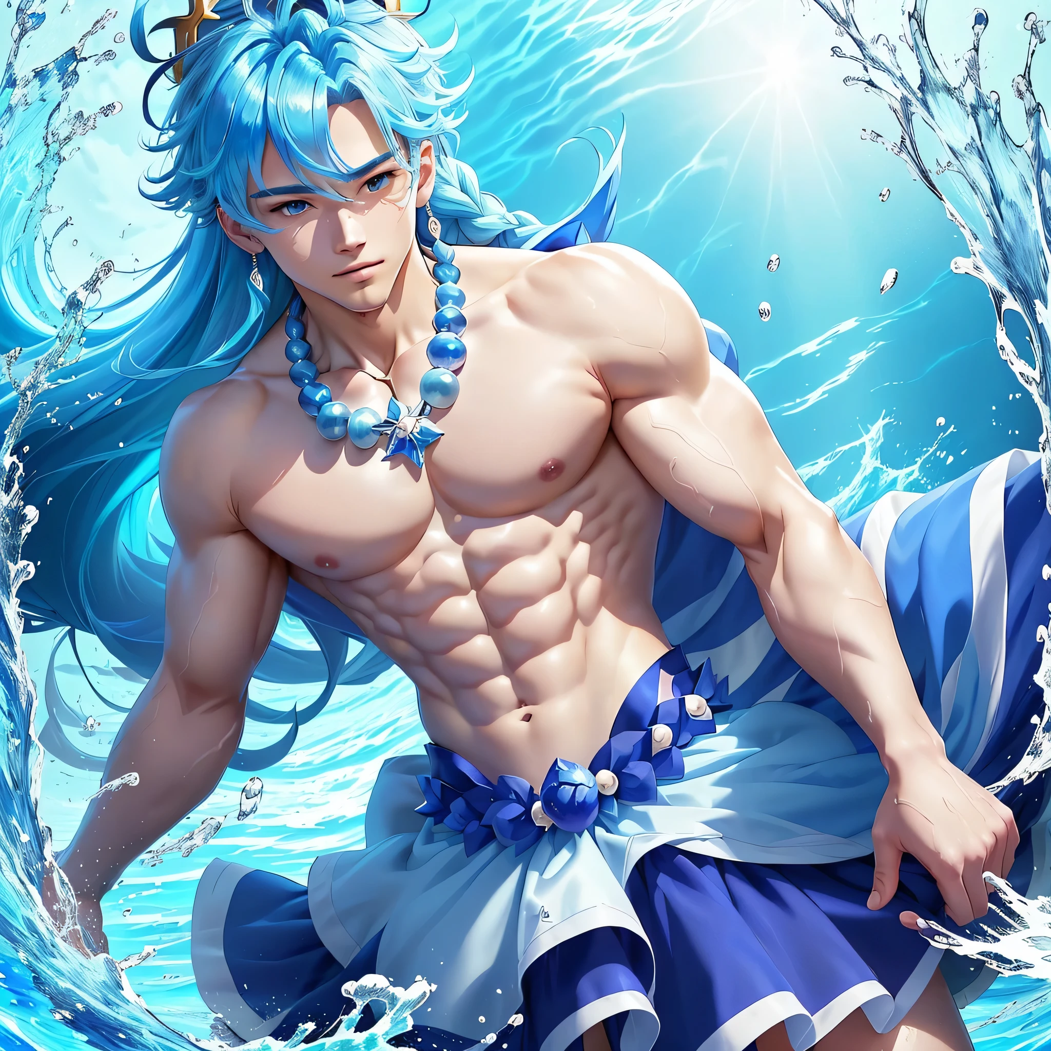 Cartoon image of a man wearing a shell crown and necklace、solo、Official artwork、Anime Prince、Water element、Aquamarine、sapphire、Blue Bikini、High-quality artwork、Official Art、Wallpaper anime blue water、He has pale blue hair!!!、Long Hair、Braided bangs、Water Fairy、A man with two-tone light blue and purple hair、Blue aura、bikini top with an blue、Fan art、Anime Prince、Pale arm warmers、Blue flared skirt、Blue mini skirt、Muscular Abs、Official fan art、Muscular man、Headquarters artwork、Cure、Shiny!!、splash art anime boy、blue sea、Anime style”、Dress Up Darling Anime、