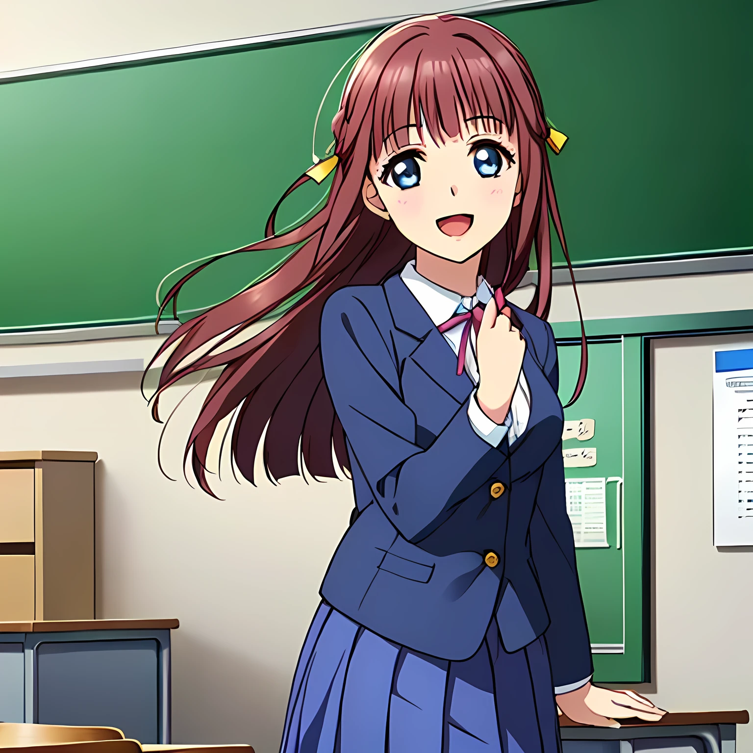 highest quality, (masterpiece:1.2), Very detailed, Game CG, (((Very beautiful girl in school uniform１A fashion model is looking at the camera and asking the viewer))), ((The girl everyone loves)), (((Brown and very shiny short bob hair))), ((Navy blue blazer)), ((Navy blue pleated long skirt)), ((((Very beautiful and shining eyes)))), ((Very long eyelashes)), A large crimson ribbon on the chest, ((An elegant expression like a noble princess)), (((A beautiful and enchanting smile))), Small face and great posture, ((Heavenly happiness)), (((The background is a school classroom with the wind blowing))), ((Very intelligent face)), ((Anime heroine smiling and open mouth))