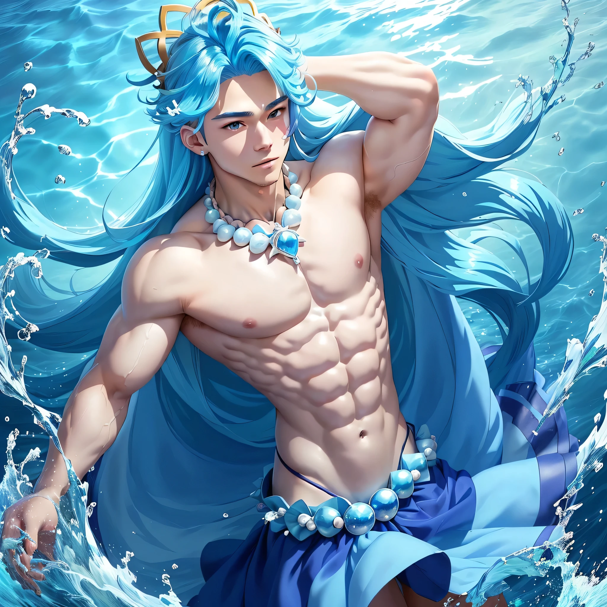 Cartoon image of a man wearing a shell crown and necklace、solo、Official artwork、Anime Prince、Water element、Aquamarine、sapphire、Blue Bikini、High-quality artwork、Official Art、Wallpaper anime blue water、He has pale blue hair!!!、Long Hair、Braided bangs、Water Fairy、A man with two-tone light blue and purple hair、Blue aura、bikini top with an blue、Fan art、Anime Prince、Pale arm warmers、Blue flared skirt、Blue mini skirt、Muscular Abs、Official fan art、Muscular man、Headquarters artwork、Cure、Shiny!!、splash art anime boy、blue sea、Anime style”、Dress Up Darling Anime、