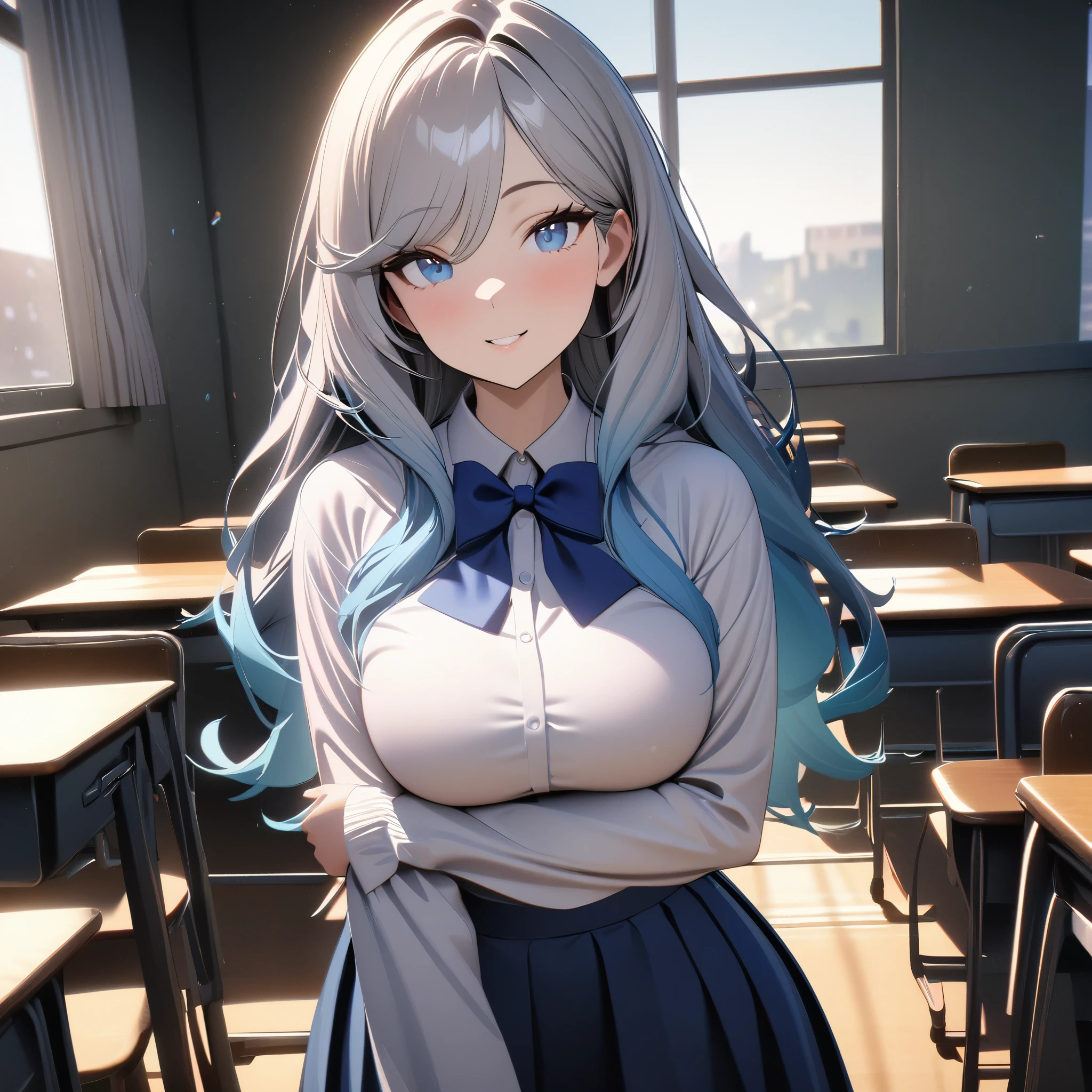 1 girl, (Girl is curvy, slim, beautiful and tall)), ((Girl has long silver blue ombre hair)), ((blue eyes)), ((Girl wears long sleeved white blouse, blue bowtie, short blue skirt)), ((classroom)), looking at viewer, smiling warmly, 8k, masterpiece, ray tracing, zooming out