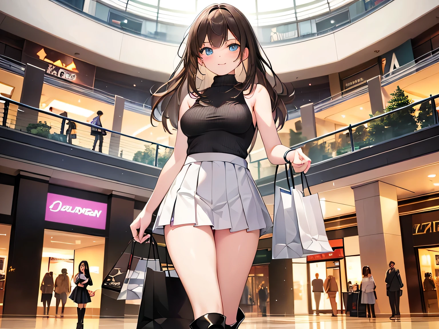 (Masterpiece, highest quality, high resolution, realistic photos, realistic looking skin:1.1), 
(Woman leisurely shopping in mall:1.8), 
(Woman walking: 1.8),
(provocative, smirking expression: 1.5), 
(She is wearing a white sleeveless turtleneck knit: 1.5), 
(She is wearing a gray pleated mini-skirt: 1.5),
(She is wearing black middle boots: 1.5), 
(She has long brown hair: 1.5), 
(Location: shopping mall:1.5), 
1 Japanese girl, solo, full bodied esbian, beautiful eyes, glowing eyes, glowing thighs, NSFW