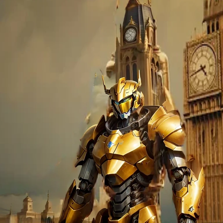 In front of the bell tower stands a golden giant mecha，Armor color plated