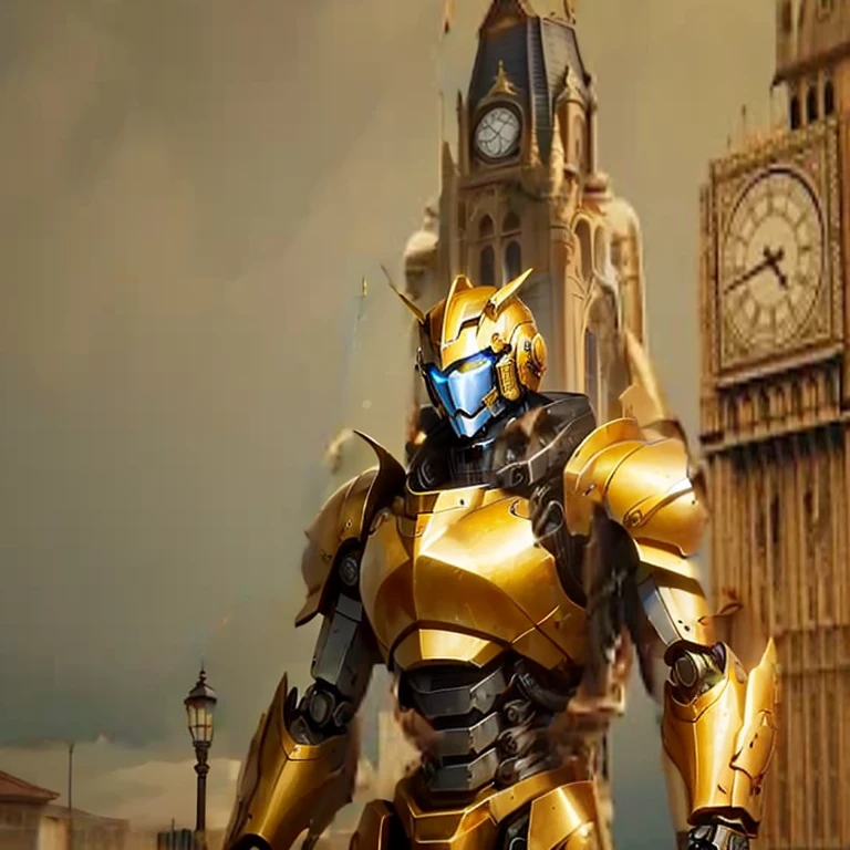 In front of the bell tower stands a golden giant mecha,Armor color plated