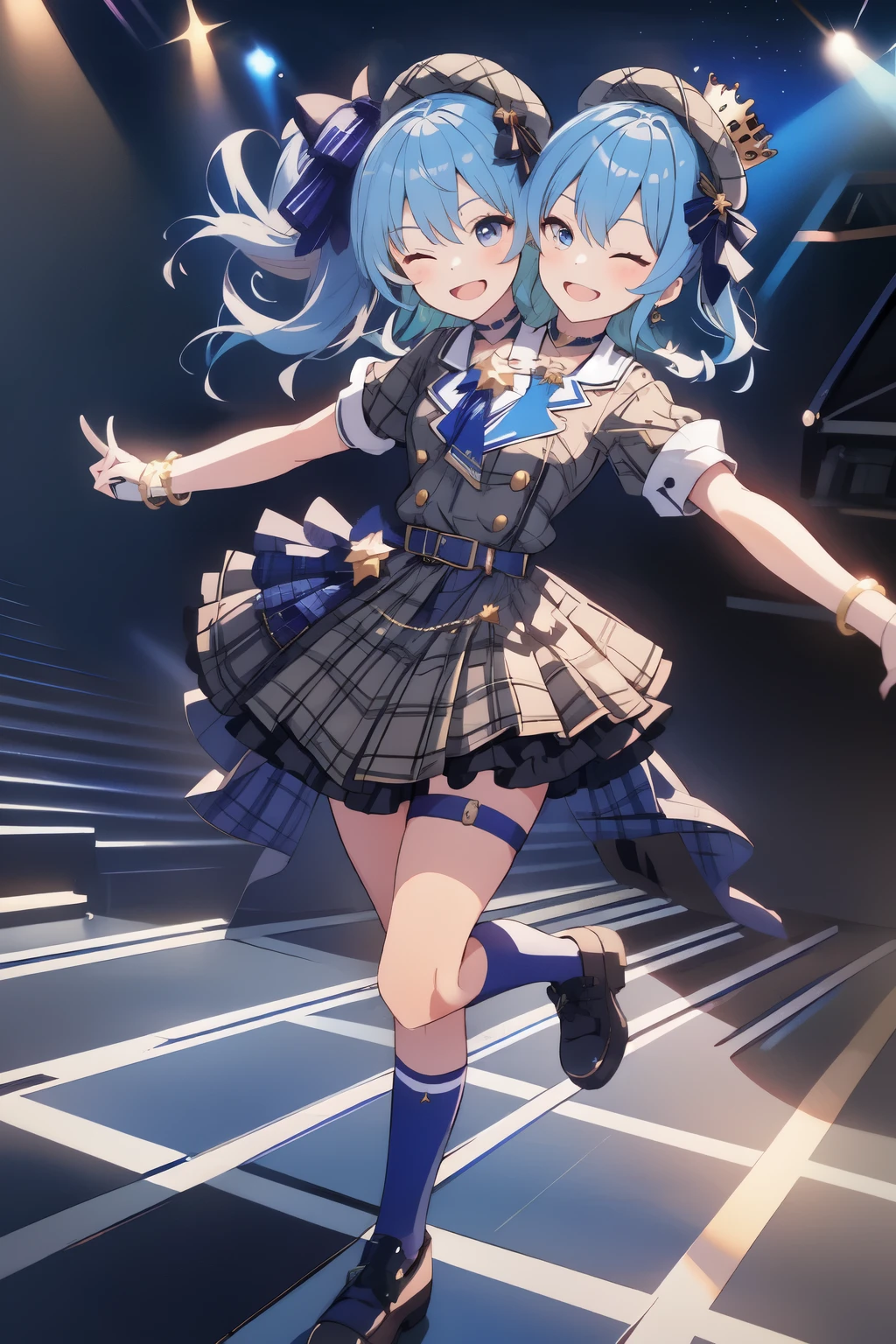 (masterpiece, best quality), best resolution, 16k, full-body, 1girl, solo, (raise arms, two hands make peace sign, hands above shoulders), HoshimachiSuisei, side ponytail, blue hair ribbon, SuiseiBase, plaid beret, crown, blue star choker, star earrings, blue ascot, plaid jacket, plaid skirt, layered skirt, partially fingerless gloves, star bracelet, uneven legwear, thigh strap, standing, (smile, close-mouth, teeth), one eye closed, dacing, jumping, ((heads look at each other, cheek-to-cheek)), exciting, concert stage, starfield, spotlight