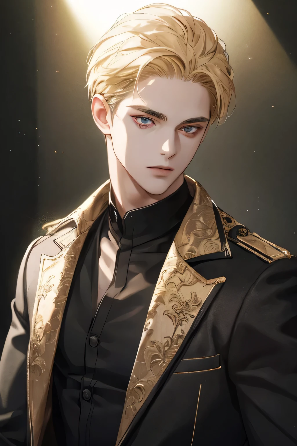 (tmasterpiece, high resolution, ultra - detailed:1.0), 1boy, Perfect male body, Eyes look at the camera, (short golden hair, forehead , Black shirt, black 3-piece-suit,closed mouth, color difference, Depth of field, dramatic shadow, Ray tracing, Best quality, Portrait,Extremely detailed CG, 8k wallpaper, carolina eyes, half body perfect, wearing black sweather, very tall, body perfect