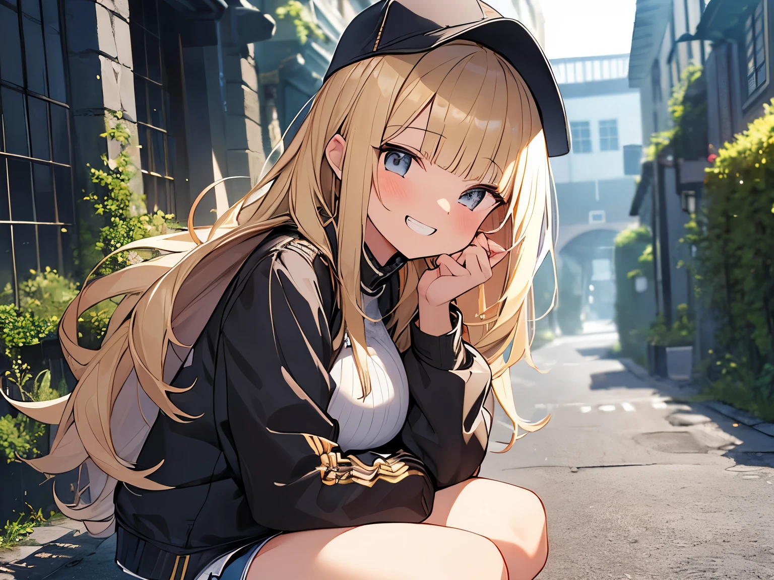 Masterpiece, Top quality, 1 beautiful girl, Blonde, medium Hair, wavy Hair, blunt bangs, silky hair, 16 year old, standard weight, (big breasts :1.1), (cool jacket, Shorts :1.3), cap, grin, beautiful scene of narrow Alley, blurry background, magnificent panorama view, cloudy, squatting down, from side
