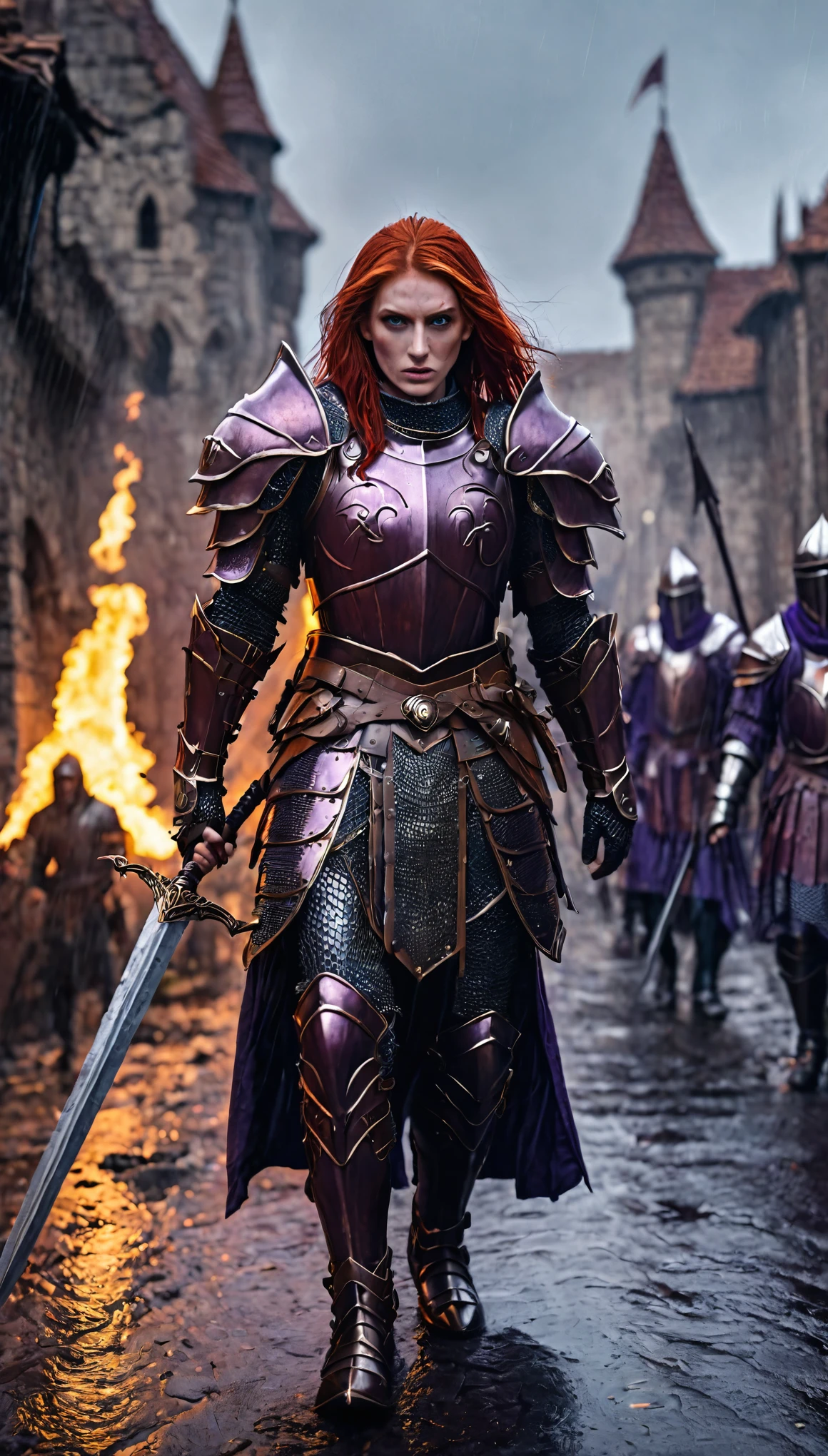 red hair, purple armor, light bearer warriors, medieval city, dark, battle, epic, war, surrealism, 8k, super detail, war, battle against demons, darkness, horror, rain