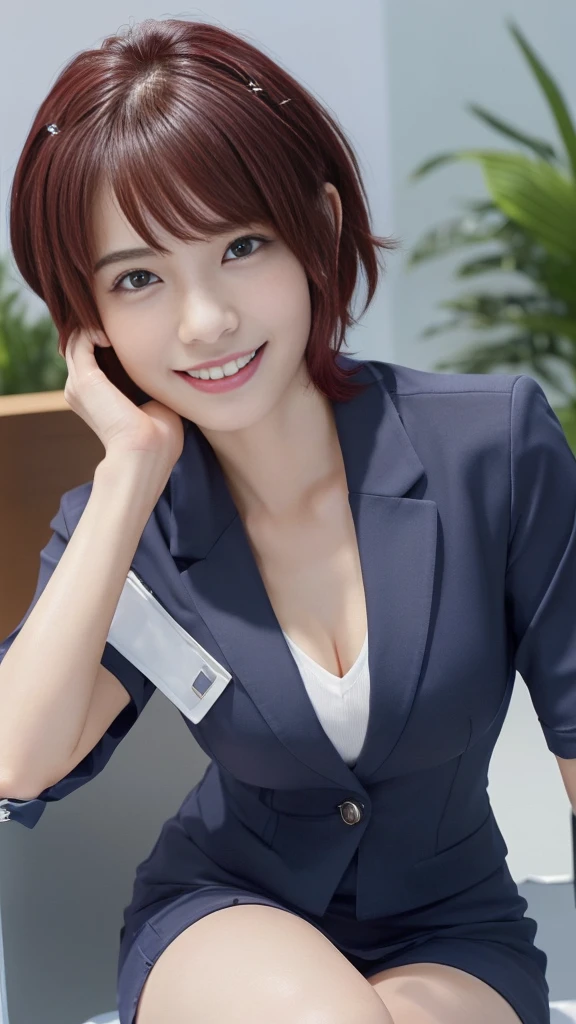 Accurate human body:2.0,(best quality,4K,8K,High resolution,masterpiece:1.5),(Very detailed,Realistic,photoRealistic,photo-Realistic:1.37),(Portraiture,A ultra young Japanese girl with an incredibly slim body:2.0),(Perfect Slender Arms:1.5),(Images of her alone:2.0),(Cute breasts:1.5),(Close-up of her eyes:2.0),(Her face ultra looks like a baby:2.0),(Impressive features, super cute and a big idol-like smile:2.0),(Ultra beautiful even left and right eyes with a clear expression:2.0),(Beautifully shaped eyebrows,Captivating gaze, natural pink lips,Perfect white skin,Realistic rendering,(She is wearing a navy blue business suit:2.0),(Super short dark red hair:2.0)),The golden sunlight gently illuminates the landscape,Elegant and graceful posture,Create a quiet and serene atmosphere,She is at the company reception desk.