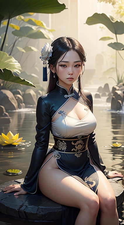 Ancient Chinese beauties sit on stones,wearing ancient Chinese costume,Flowing tulle,Light silk,Lazy posture,large lotus leaf,lotuses,Ink painting style,very vey very detailed face,very detailed eyes and faces,beatiful detailed eyes,clean color,Decisive cut,Leave white space,impressionistic,tmasterpiece,Super detailed,Epic composition, high qulity, HighestQuali, 4k --v 6