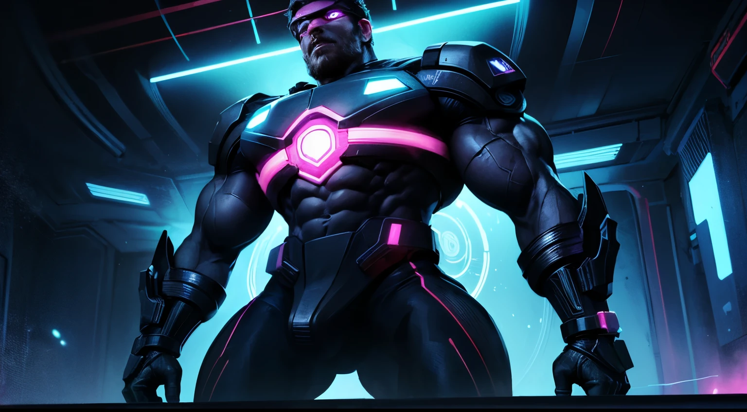 brainwashing, male, neon lights, programming, super soldier experimentation, muscle growth, hypnotic visor, spirals, glowing headset