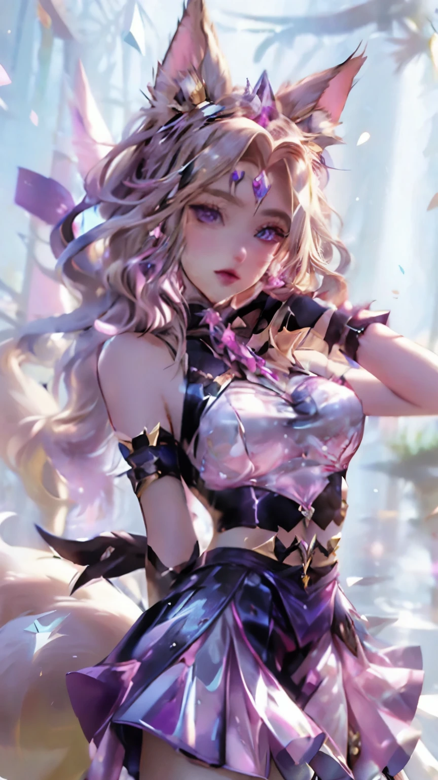 best quality,best quality, 1 Girl, Solitary, Long hair, breast, Looking at the audience, blue eyes, skirt, Blonde hair, Gloves, skirt, Animal ears, Bare shoulders, jewelry, medium breast, earrings, Open your mouth, Fox ears, Fox Tail, Facial Tagging, Many tails, Beard Marking, purple Gloves, pink Gloves, Ali \(League of Legends\)