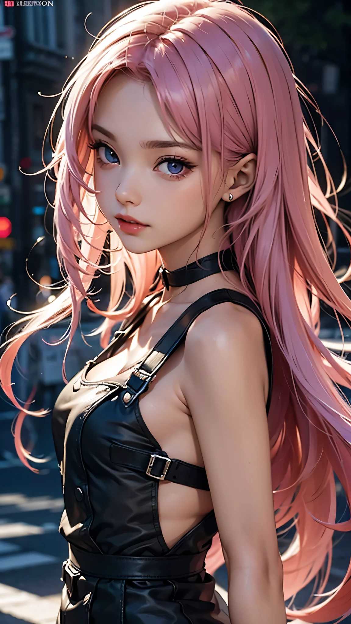 (Best quality at best,8K,A high resolution,tmasterpiece:1.2),Digital artwork, one girl,detailed face,detailed eyes,pink hair,long straight hair,glowing purple eyes,red lip,Suspenders