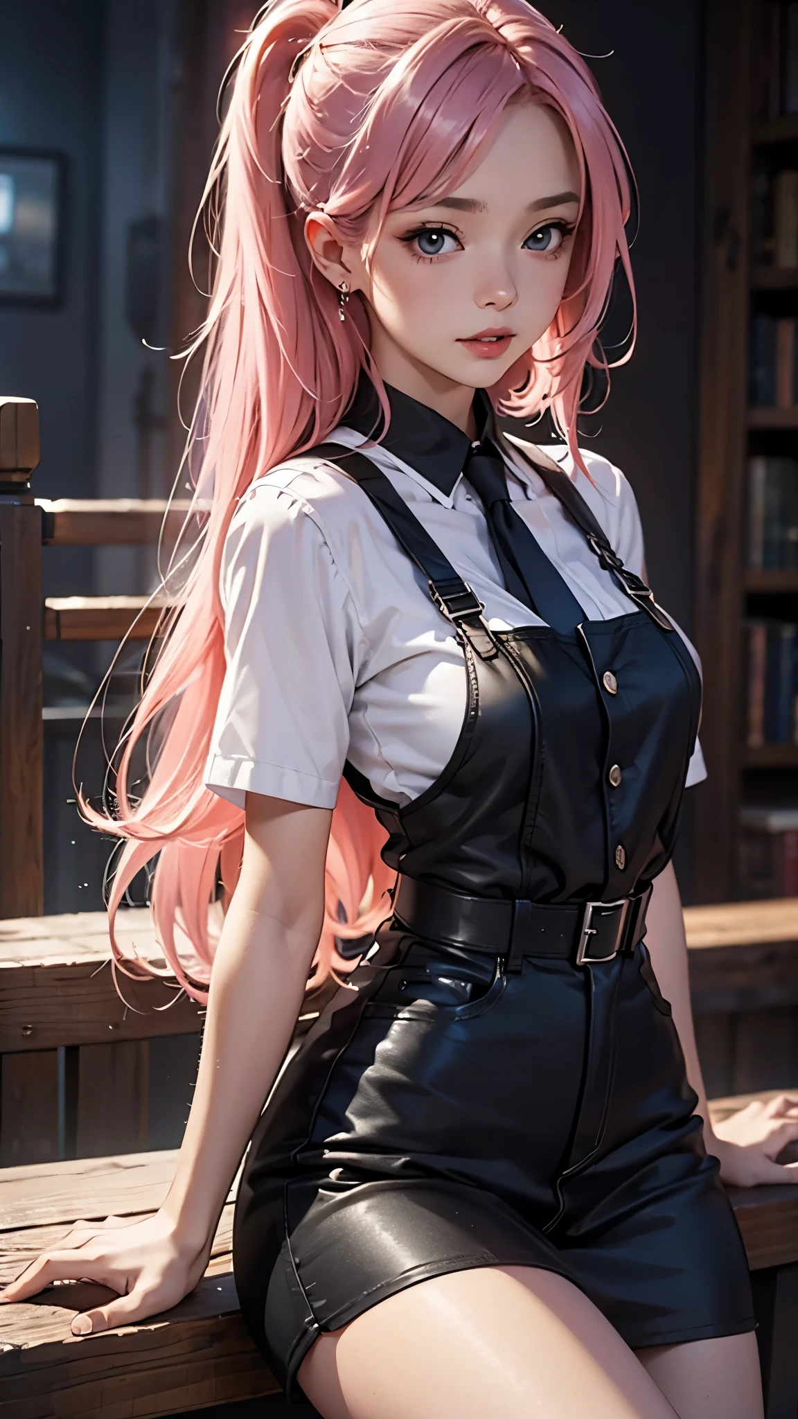 (Best quality at best,8K,A high resolution,tmasterpiece:1.2),Digital artwork, one girl，detailed face，detailed eyes，pink hair，long straight hair，glowing purple  eyes，red lip，Suspenders