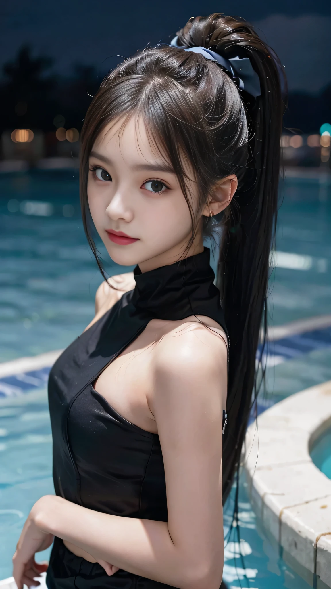 night,It's dark outside,Resort Pool lit up with neon lights at midnight,bikini,Close up face,One woman,masutepiece, The highest image quality, High quality, the background is clear,Beautiful woman, Japanese, Detailed, Detailed eyes, Detailed skin, Beautiful skin, 超hight resolution, (reality: 1.4),Very beautiful woman, Slightly younger face, Beautiful skin, slender, (Ultra photo realsisim), (hight resolution), (8K), (Very detailed) (beautifully detailed eyes), (super detailed), (Detailed face), view the viewer, Fine details, Detailed face, Staring straight ahead, Staring straight ahead, photos realistic, Bright lighting, Professional Lighting, Black hair,poneyTail,a baby face,fifteen years old,Hairstyle: ponytail,Long ponytail hairstyle,slight smile,neat and tidy clothing,Beautiful Japanese KPOP idol photo, hair style is ponytail, my eyes are double and wide, baby face, smile and look straight ahead, slender, small breasts,Close up face,