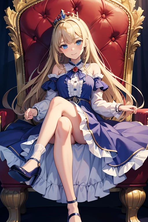 masterpiece, highest quality, High resolution, 15-year-old girl、blue eyes、
blonde,  Vulgar smile、Long Hair、Crimson frill dress, Clothes with puffy shoulders、flare skirt、Long skirt covering the legs、Tiara on head、royal palace、Sitting on the throne