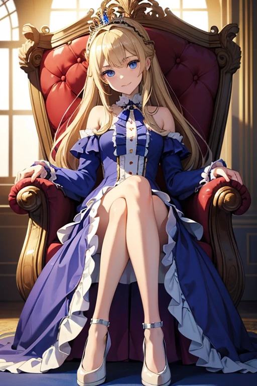 masterpiece, highest quality, High resolution, 15-year-old girl、blue eyes、
blonde,  Vulgar smile、Long Hair、Crimson frill dress, Clothes with puffy shoulders、flare skirt、Long skirt covering the legs、Tiara on head、royal palace、Sitting on the throne