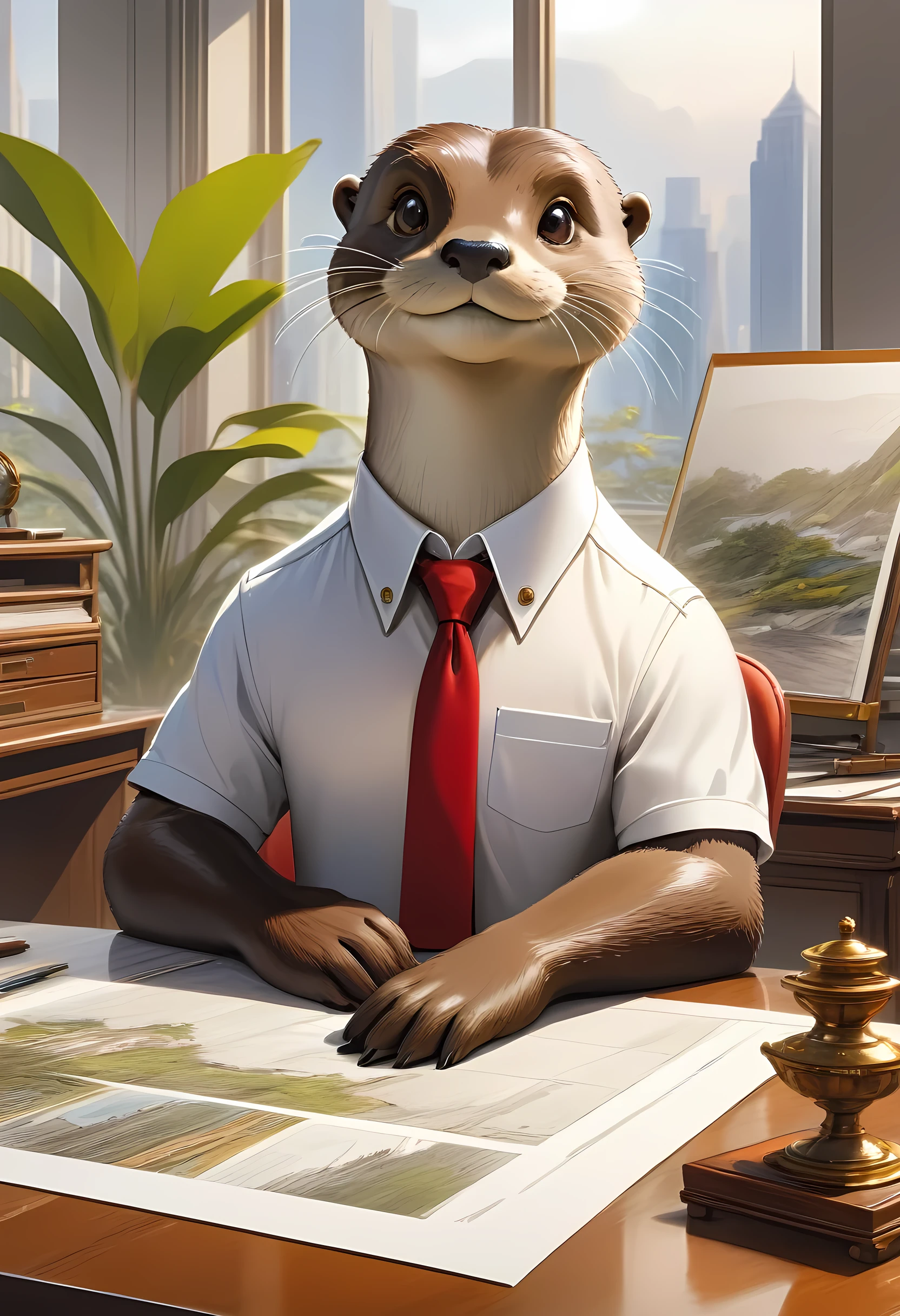 a picture, of an anthomorph otter sitting near drawing table planning a building, modern architect drawing room background,  he is wearing a white button shirt, red tie, best quality, 16k, [ultra detailed], masterpiece, best quality, (ultra detailed), full body, ultra wide shot, photorealism
