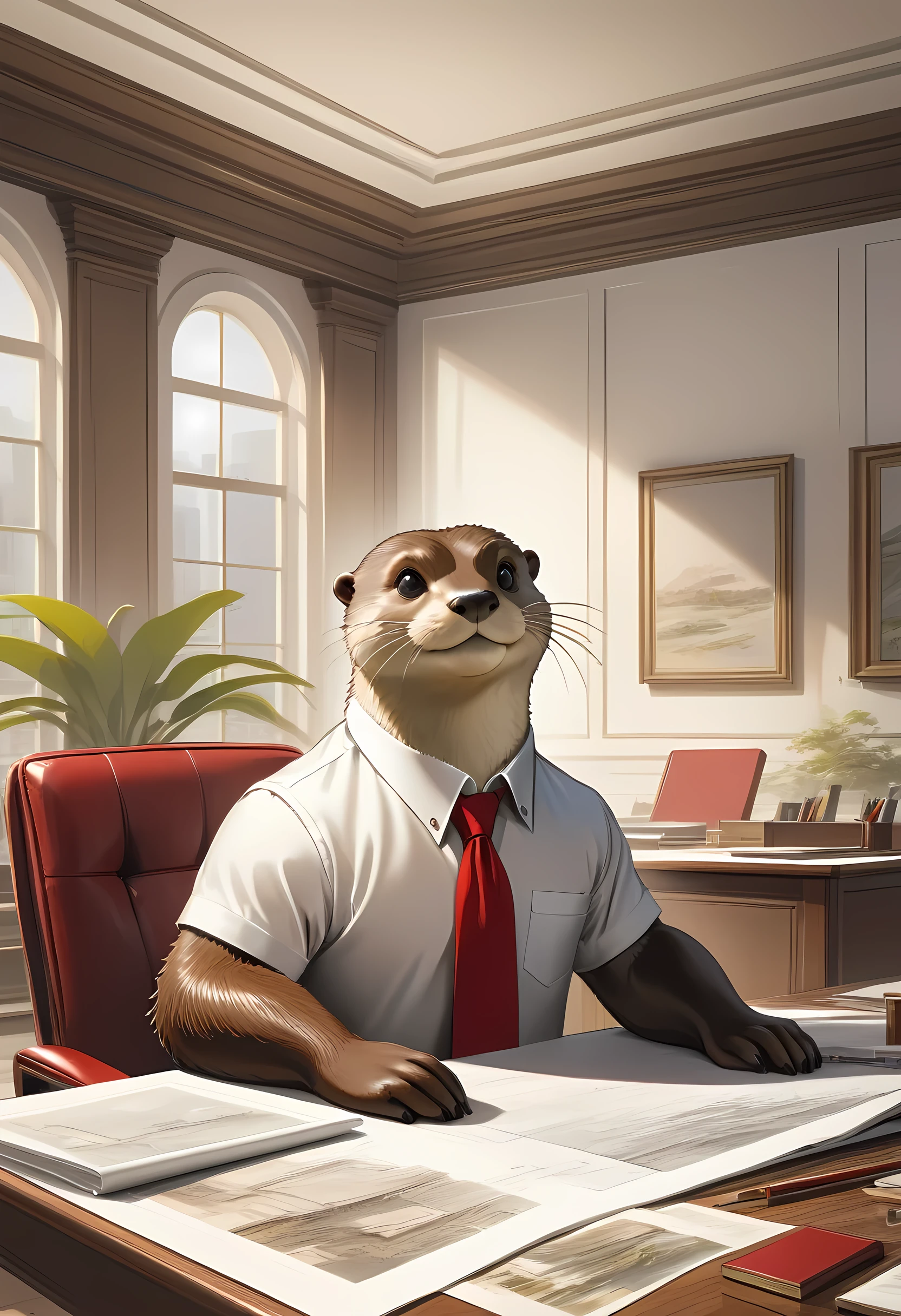 a picture, of an anthomorph otter sitting near drawing table planning a building, modern architect drawing room background,  he is wearing a white button shirt, red tie, best quality, 16k, [ultra detailed], masterpiece, best quality, (ultra detailed), full body, ultra wide shot, photorealism