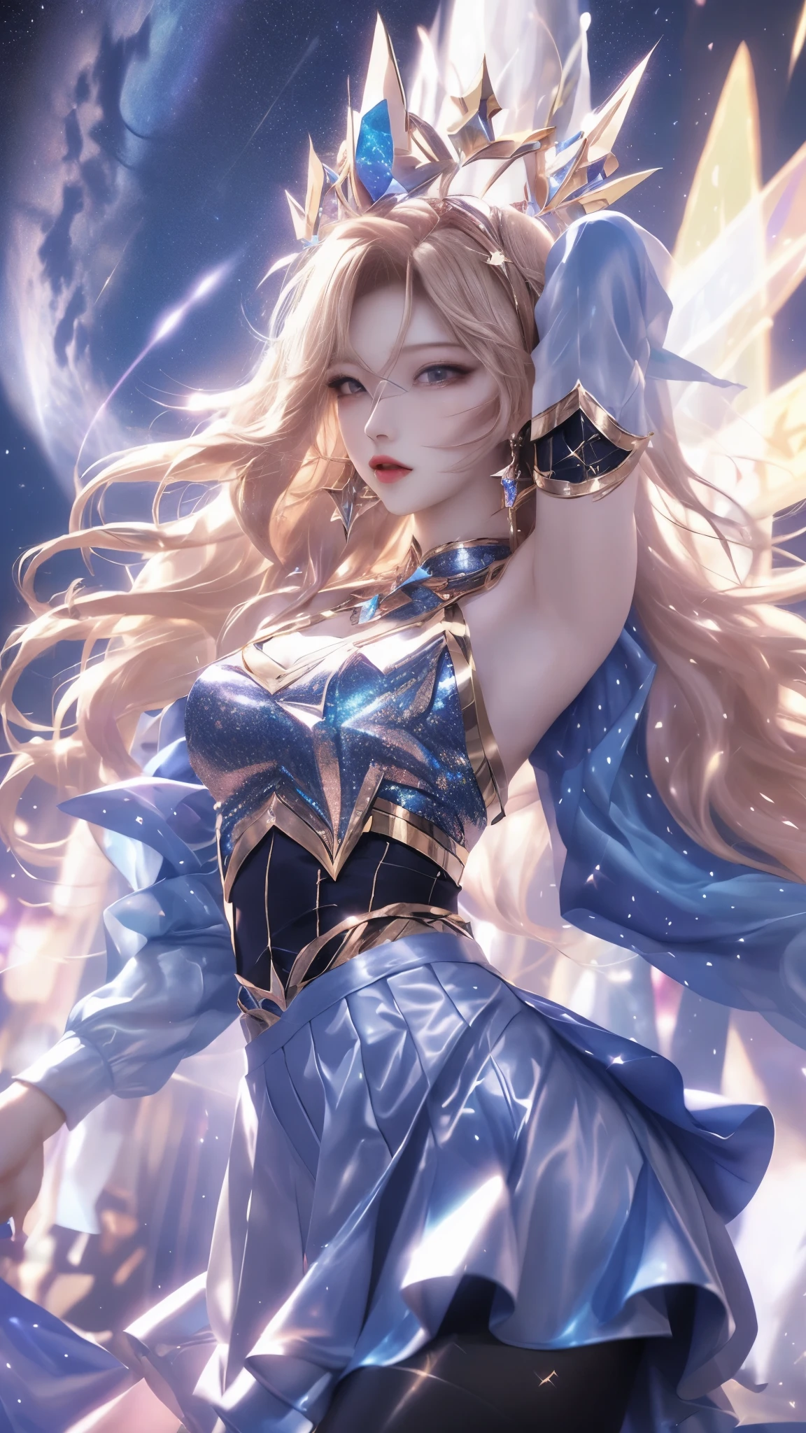best quality, 1 Girl, Keda, Solitary, Long hair, skirt, Looking at the audience, whole body,fanxing, star in skirt,Stars in hair,Pantyhose,moon on sky,Starry Sky,(Dynamic poses:1.3),(Dynamic Angle:1.3),