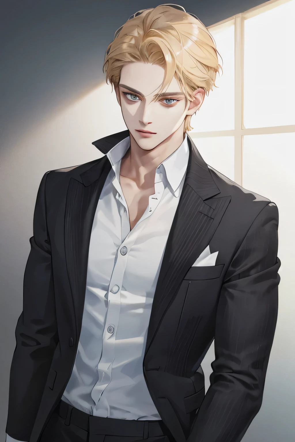 (tmasterpiece, high resolution, ultra - detailed:1.0), 1boy, Perfect male body, Eyes look at the camera, (short golden hair, forehead , white shirt, black 3-piece-suit,closed mouth, color difference, Depth of field, dramatic shadow, Ray tracing, Best quality, Portrait,Extremely detailed CG, 8k wallpaper, carolina eyes, half body perfect, wearing black sweather, very tall, body perfect