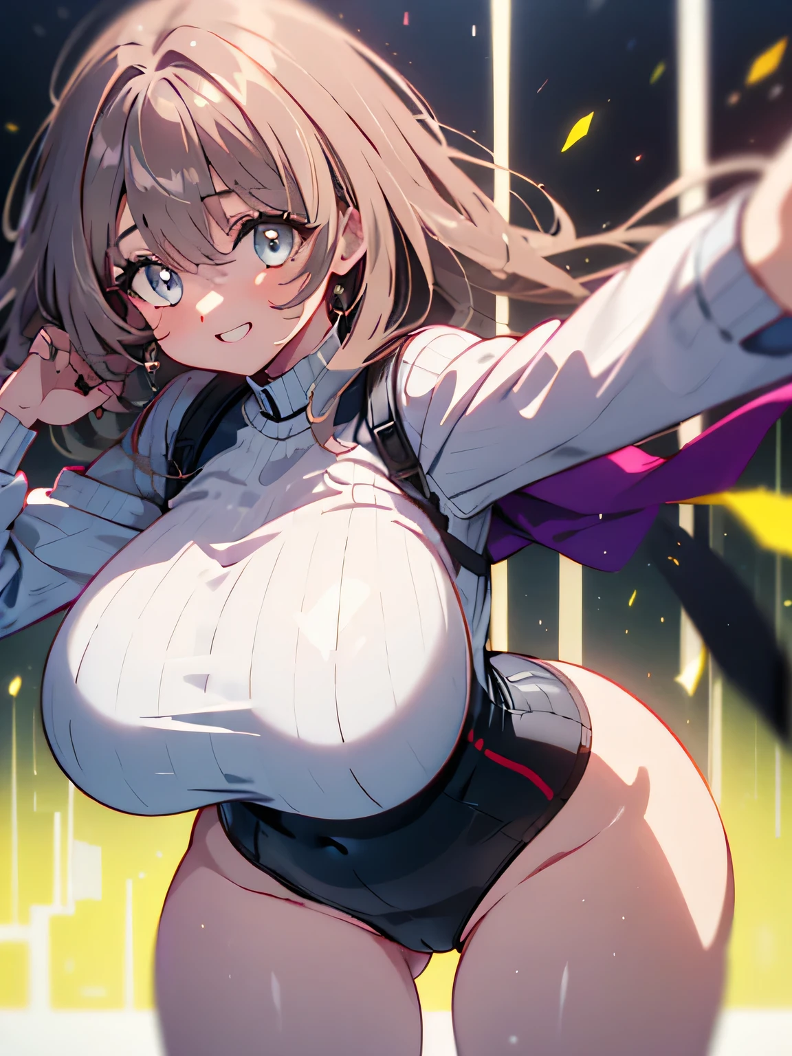 Anime illustration、highest quality、cyber punk、Miscellaneous Game Center、A plump gal with brown skin、Dance Game Machine、Casual summer clothes、Perfect proportions、Big Breasts、Thick legs、Beautiful, shining eyes、smile