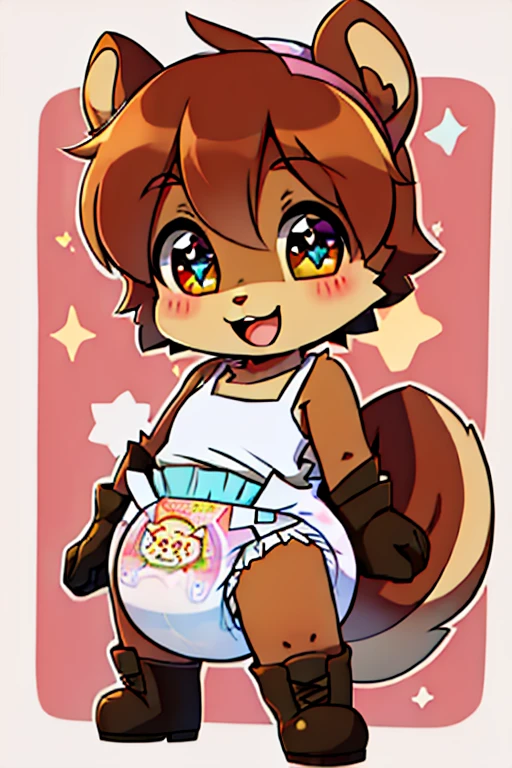 boy, squirrel, furry, bodyfur, camisole, bottomless, diaper, gloves, boots, chibi, happy, sparkling eyes